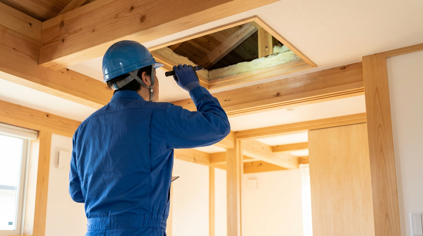 プロの害獣駆除業者が屋根裏を点検・調査している様子